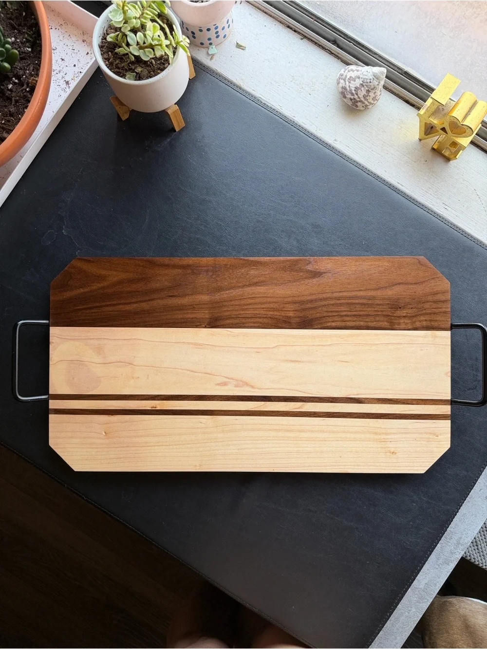 Two-Tone Maple & Walnut Serving and Cutting Board with Black Handles